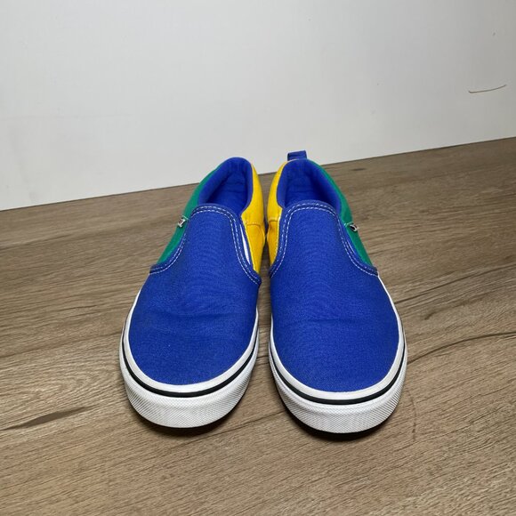 Kids 4.5Y Blue, Yellow & Green Checkered Slip On Vans - Picture 3 of 8